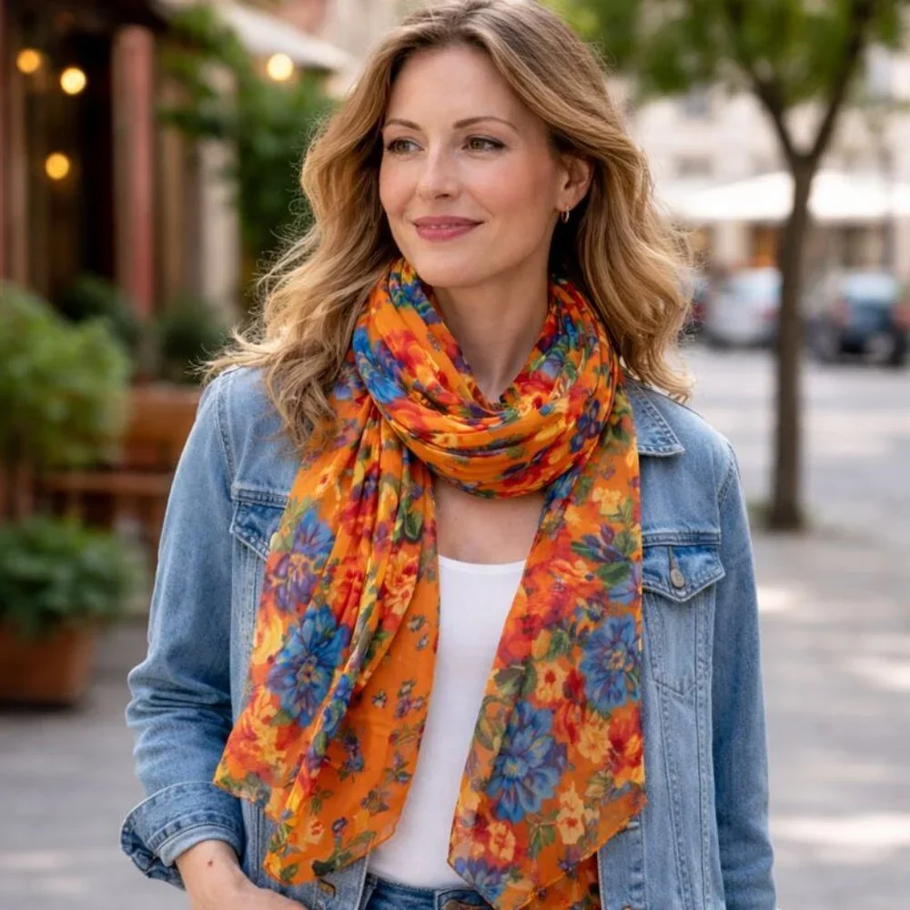 🌸 Vibrant Floral Sheer Scarf / Shawl – Bold, Romantic, Cottagecore Dream 🌸